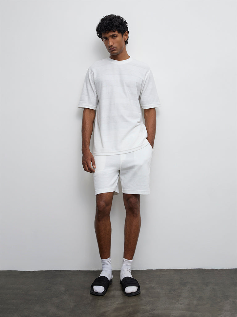 WES Lounge Off-White Stripe Textured Relaxed Fit Cotton T-Shirt