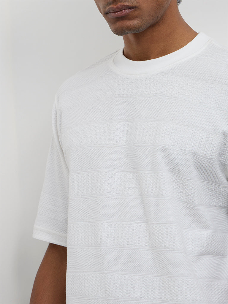 WES Lounge Off-White Stripe Textured Relaxed Fit Cotton T-Shirt