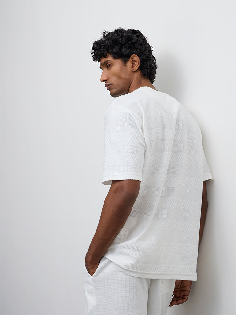 WES Lounge Off-White Stripe Textured Relaxed Fit Cotton T-Shirt