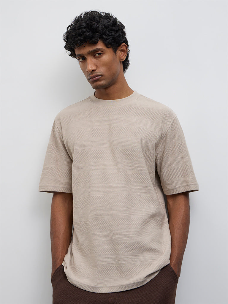 WES Lounge Taupe Stripe Textured Relaxed Fit Cotton T-Shirt
