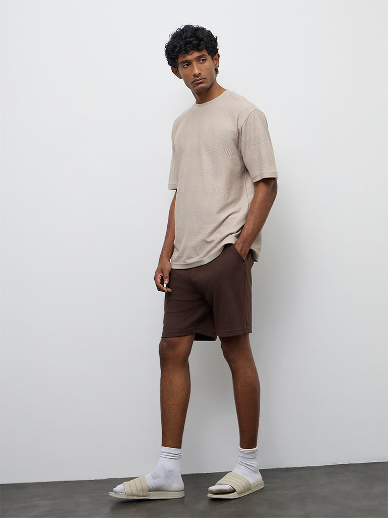 WES Lounge Taupe Stripe Textured Relaxed Fit Cotton T-Shirt