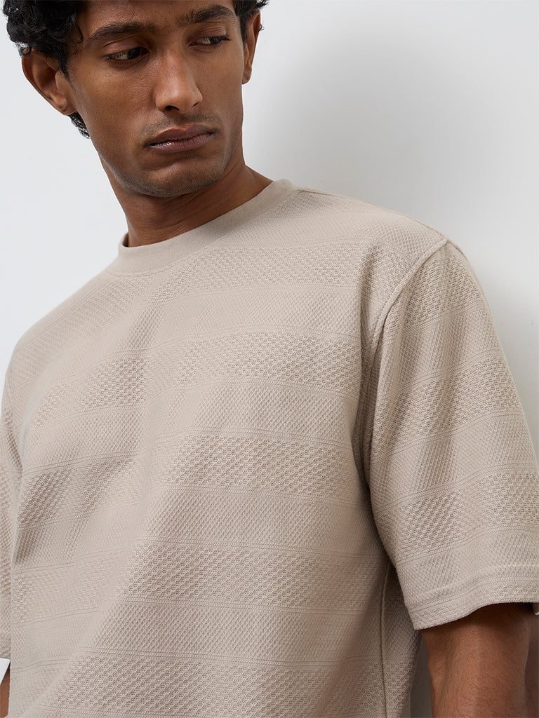 WES Lounge Taupe Stripe Textured Relaxed Fit Cotton T-Shirt
