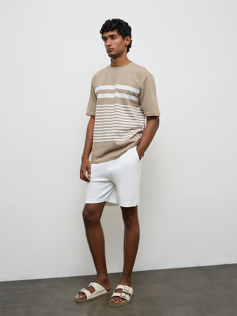 WES Lounge Beige Striped Relaxed-Fit Cotton T-Shirt