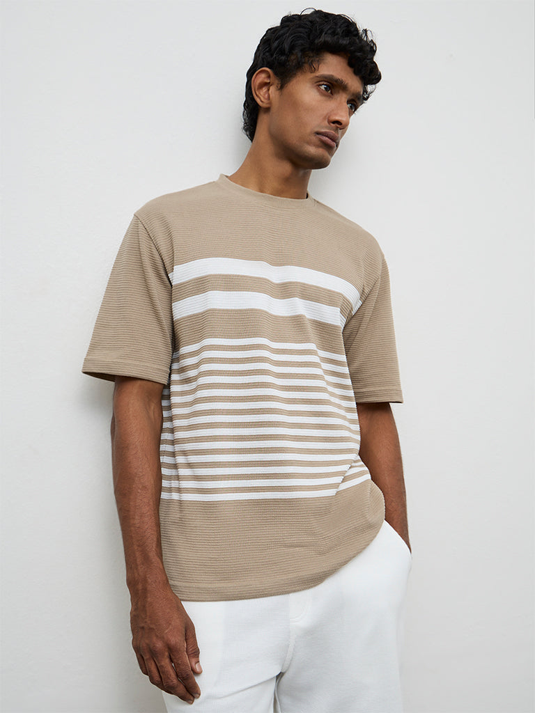WES Lounge Beige Striped Relaxed-Fit Cotton T-Shirt