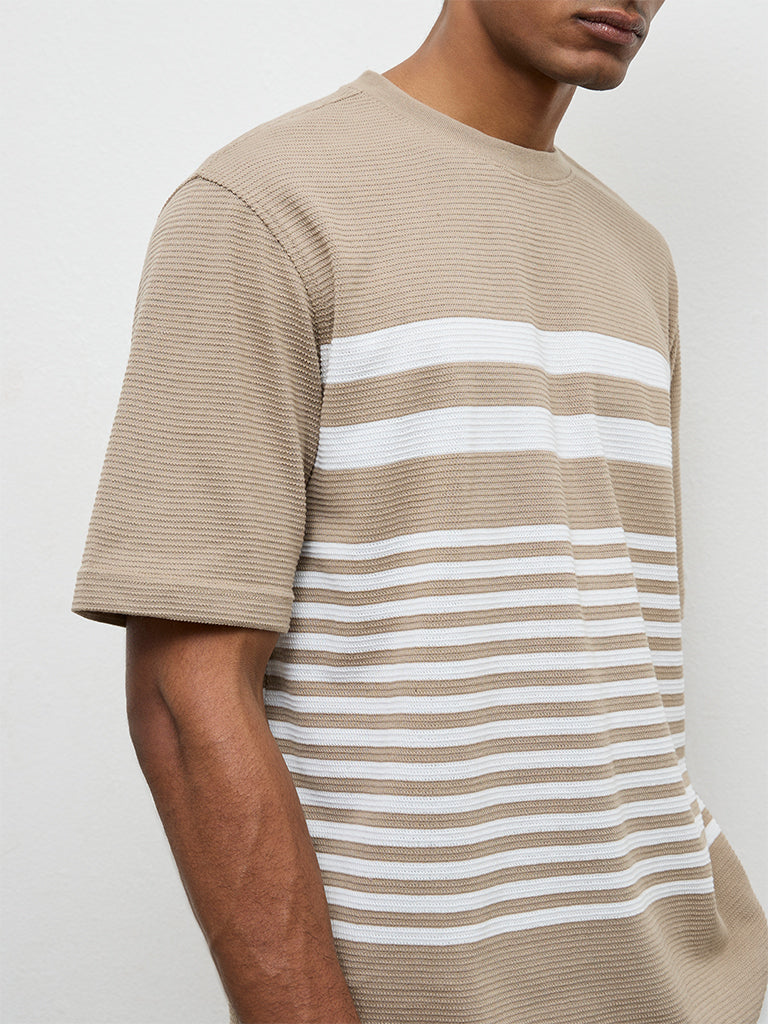 WES Lounge Beige Striped Relaxed-Fit Cotton T-Shirt