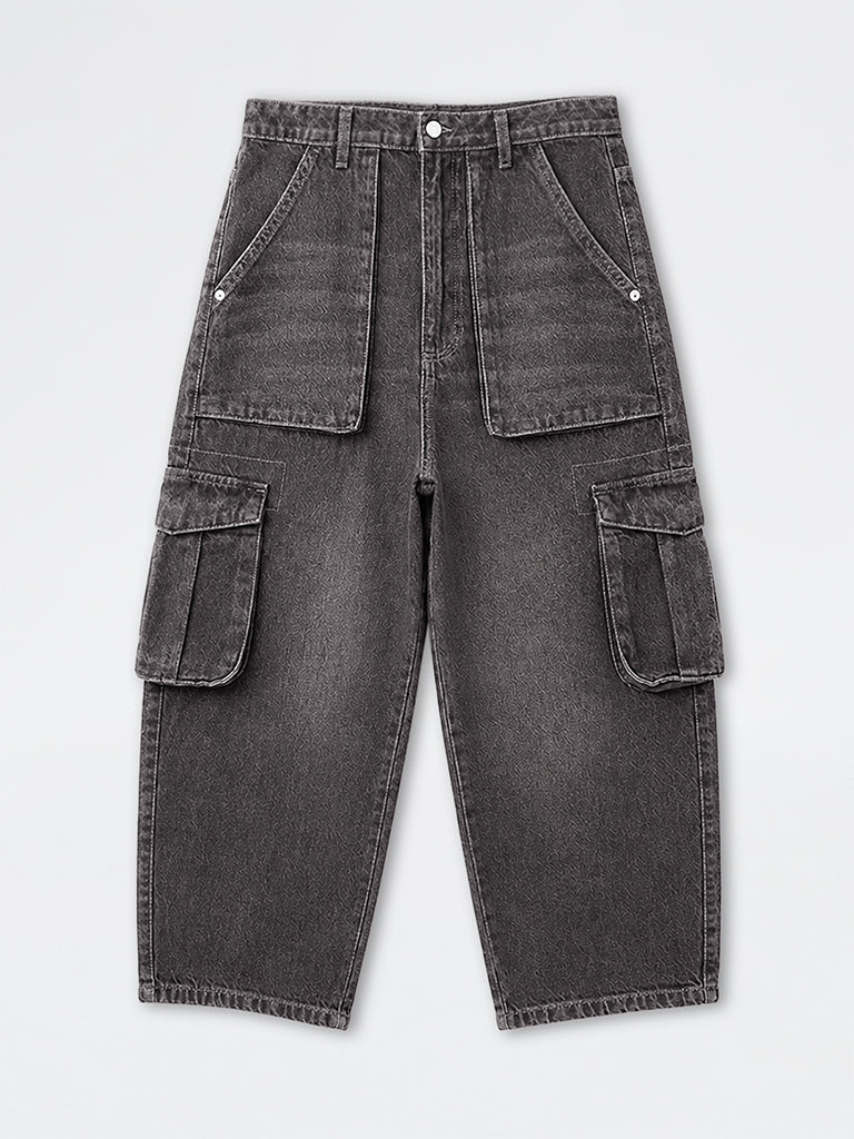 Nuon Charcoal Skater-Fit Mid-Rise Cargo Jeans