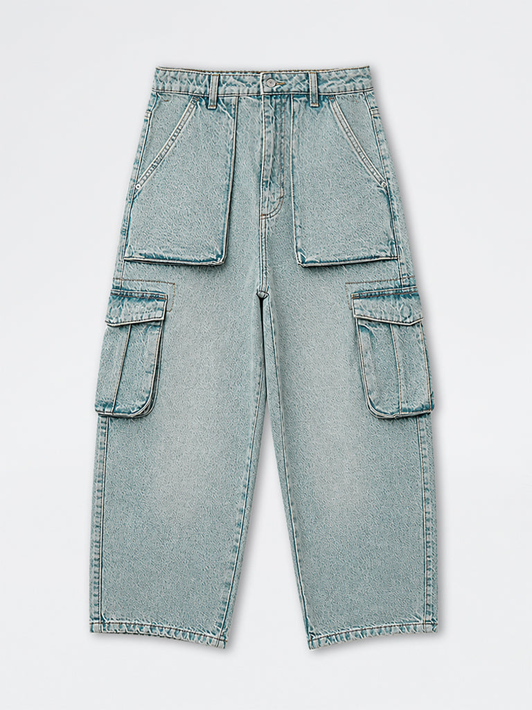Nuon Light Blue Skater-Fit Mid-Rise Cargo Jeans