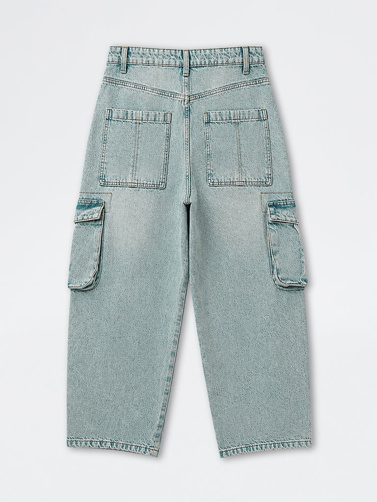 Nuon Light Blue Skater-Fit Mid-Rise Cargo Jeans