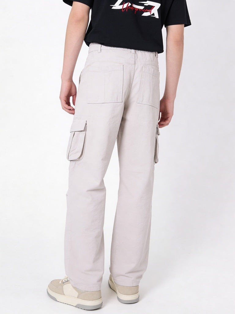 Boys Stone Cargo Pocket Wide-Leg Jeans