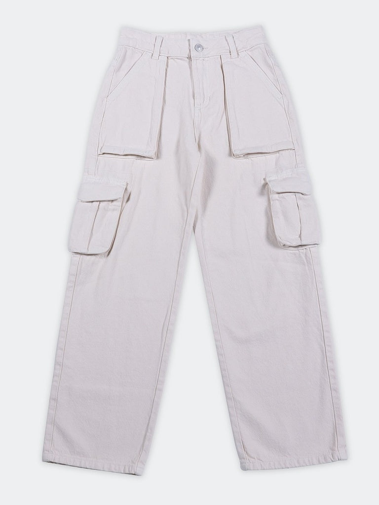 Boys Stone Cargo Pocket Wide-Leg Jeans