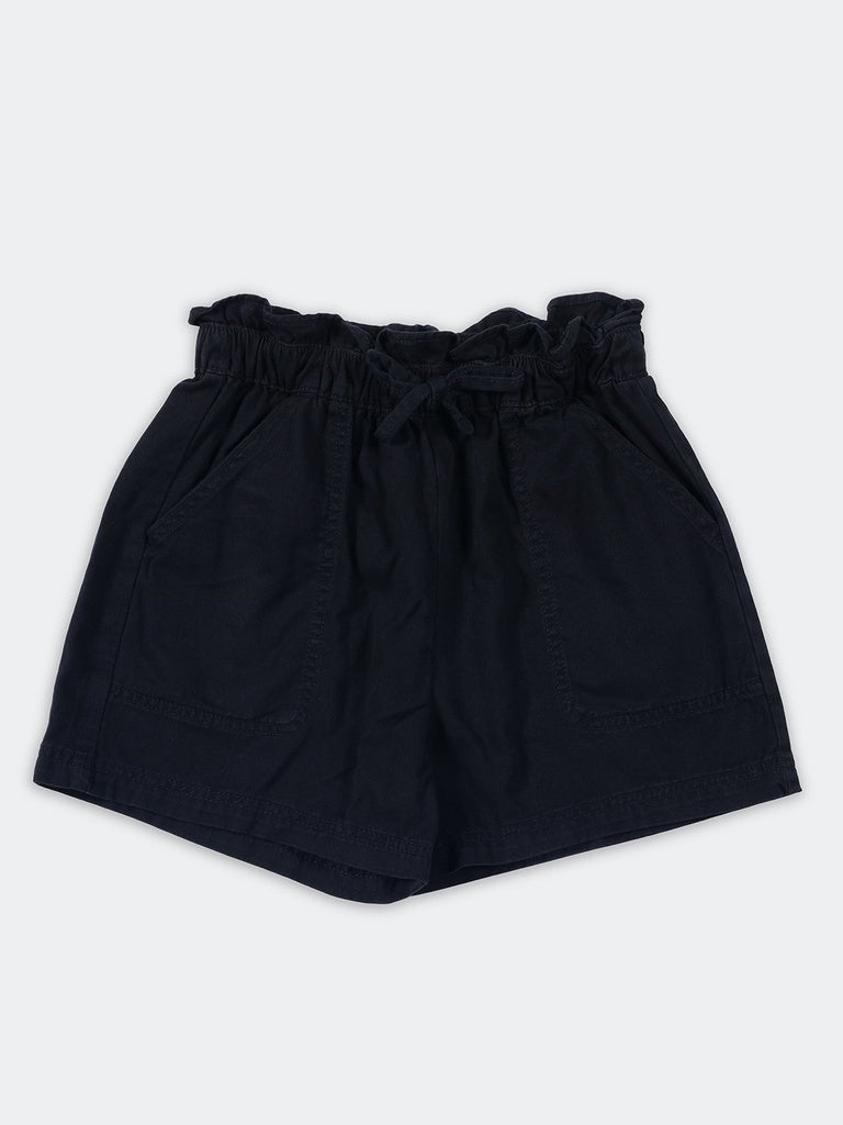 Girls Black Paperbag Cotton Shorts