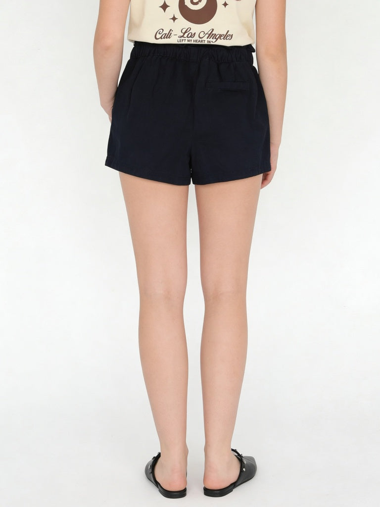 Girls Black Paperbag Cotton Shorts