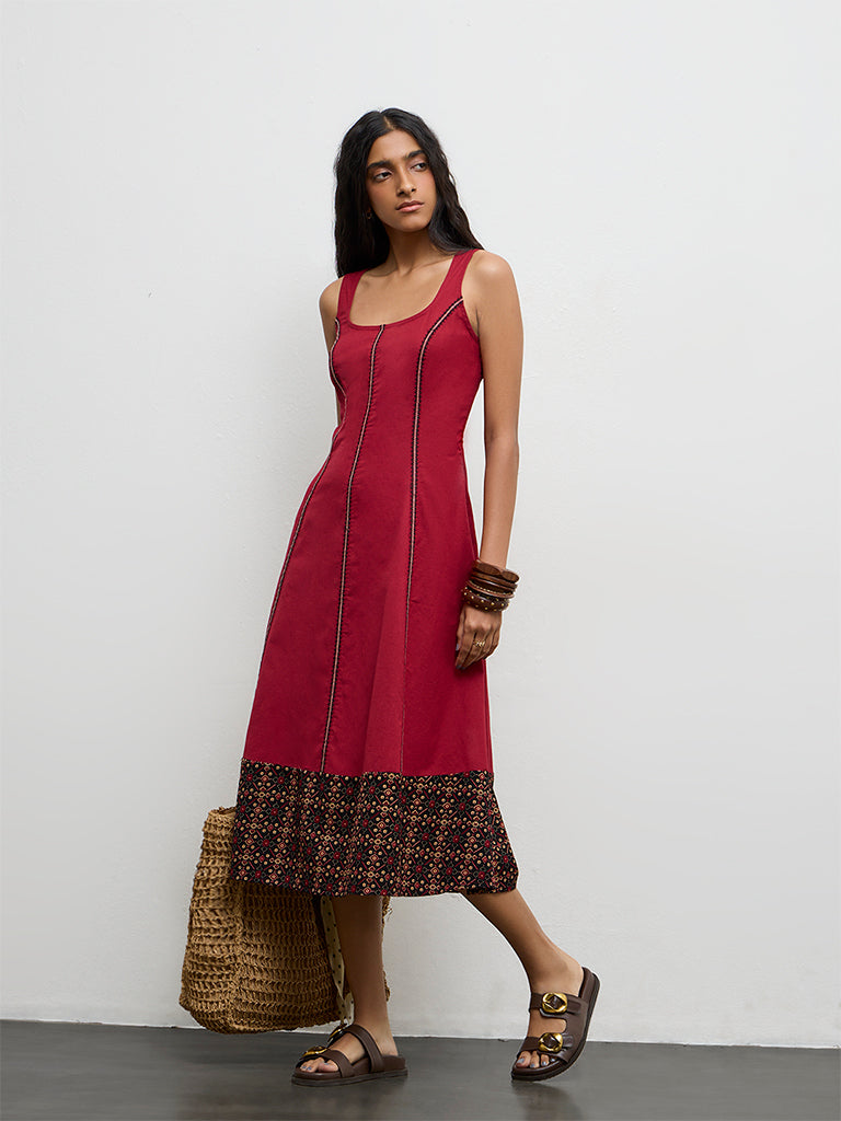 Buy Bombay Paisley Red Embroidered Cotton-Blend A-Line Dress from Westside