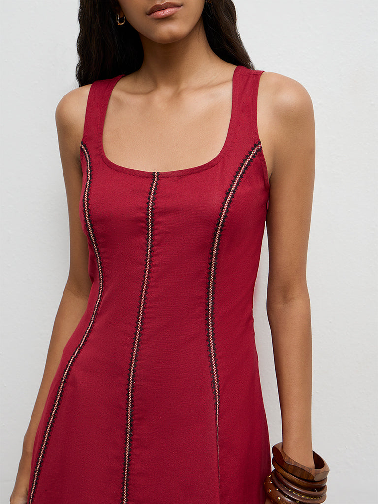 Buy Bombay Paisley Red Embroidered Cotton-Blend A-Line Dress from Westside