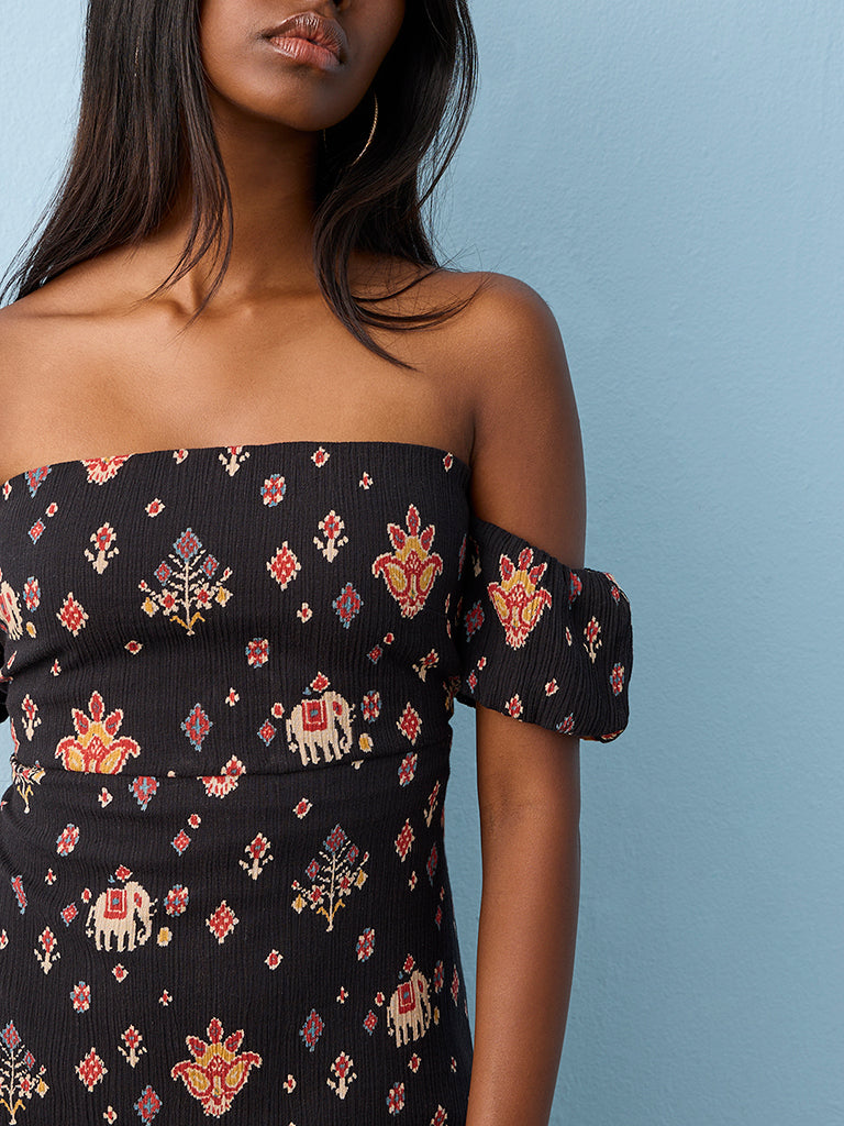off shoulder ethnic dress Buy Bombay Paisley Black Ethnic-Inspired Cotton Off-Shoulder Dress from  Westside