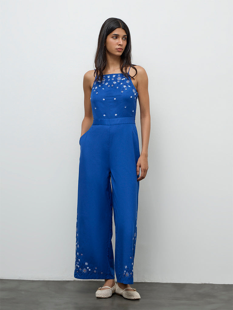 Bombay Paisley Blue Floral Embroidered Cotton-Blend Jumpsuit