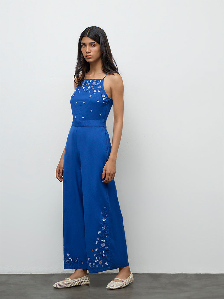 Bombay Paisley Blue Floral Embroidered Cotton-Blend Jumpsuit
