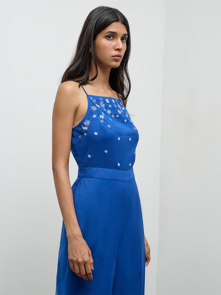 Bombay Paisley Blue Floral Embroidered Cotton-Blend Jumpsuit