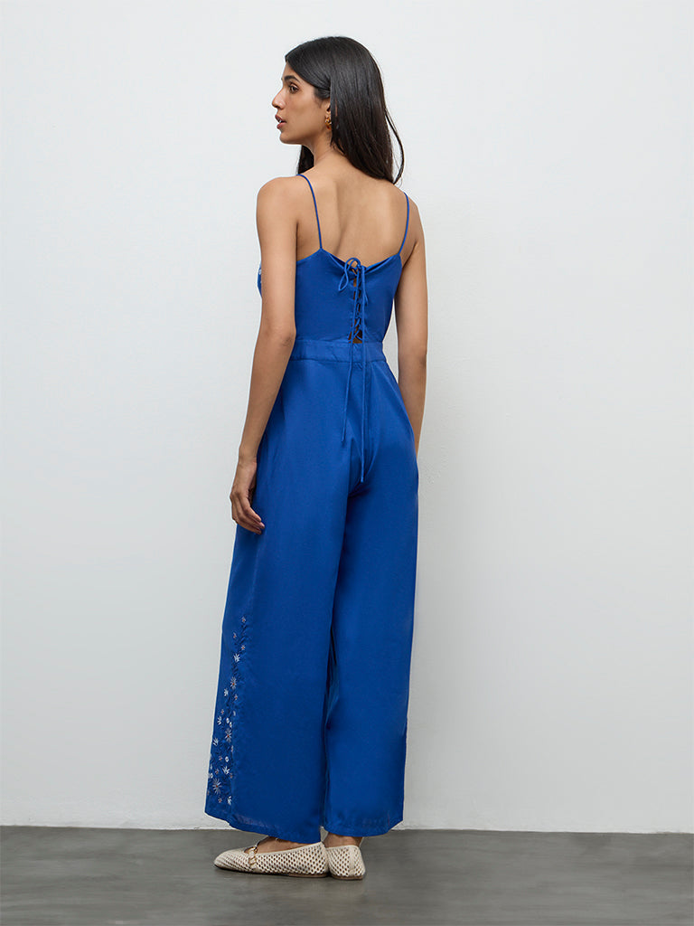 Bombay Paisley Blue Floral Embroidered Cotton-Blend Jumpsuit