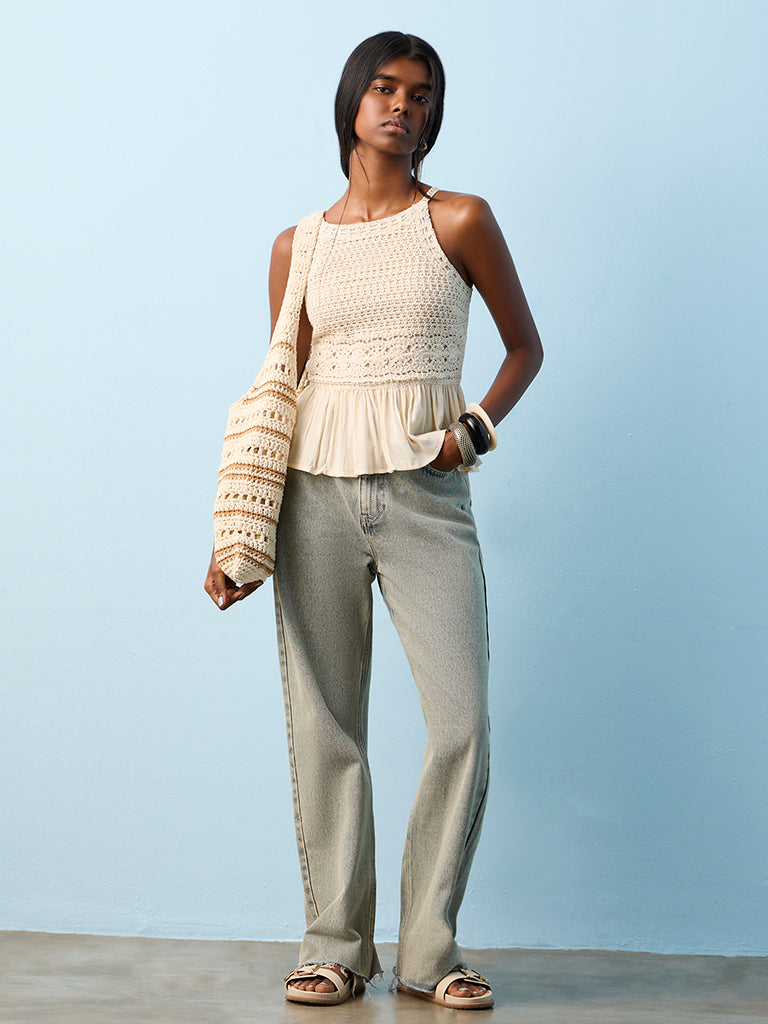 Buy Bombay Paisley Off-White Crochet Design Cotton-Blend Peplum