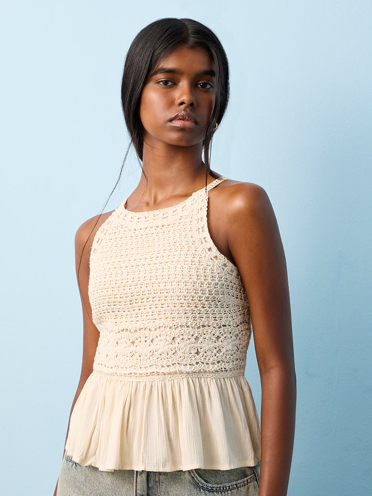 Buy Bombay Paisley Off-White Crochet Design Peplum Cotton-Blend