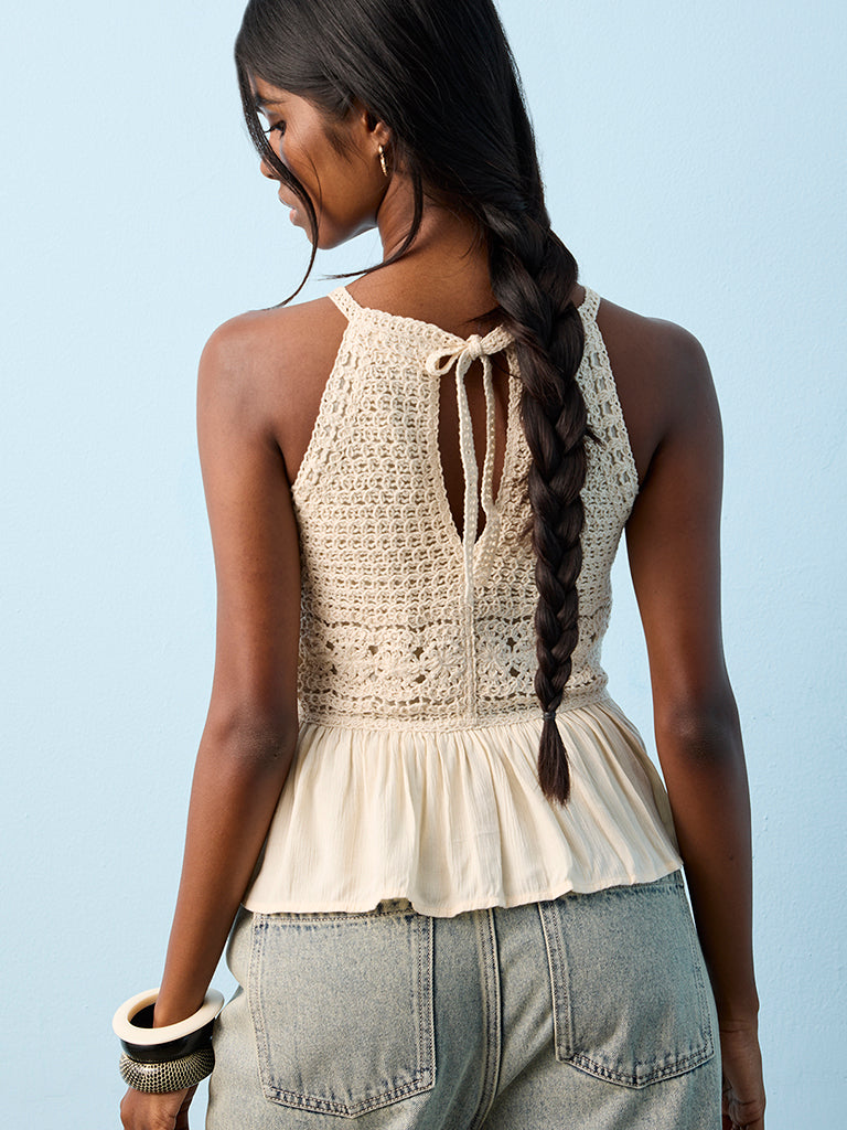 Bombay Paisley Off-White Crochet Design Peplum Cotton-Blend Top