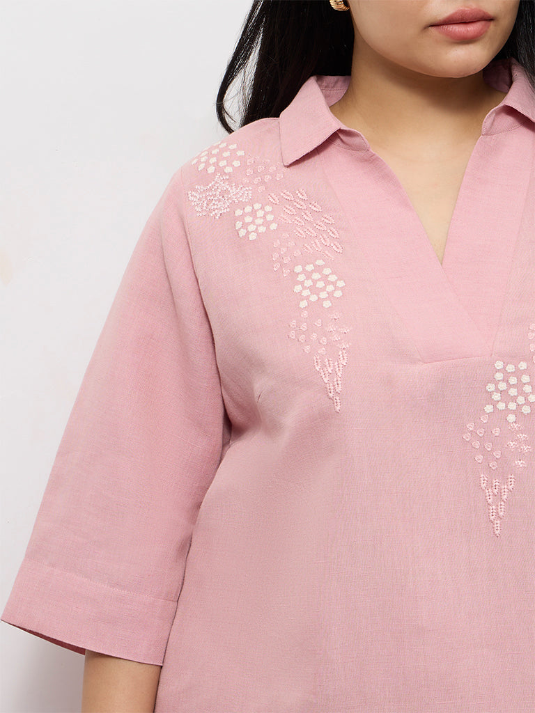 Diza Pink Floral Embroidered High-Low Linen-Blend Tunic