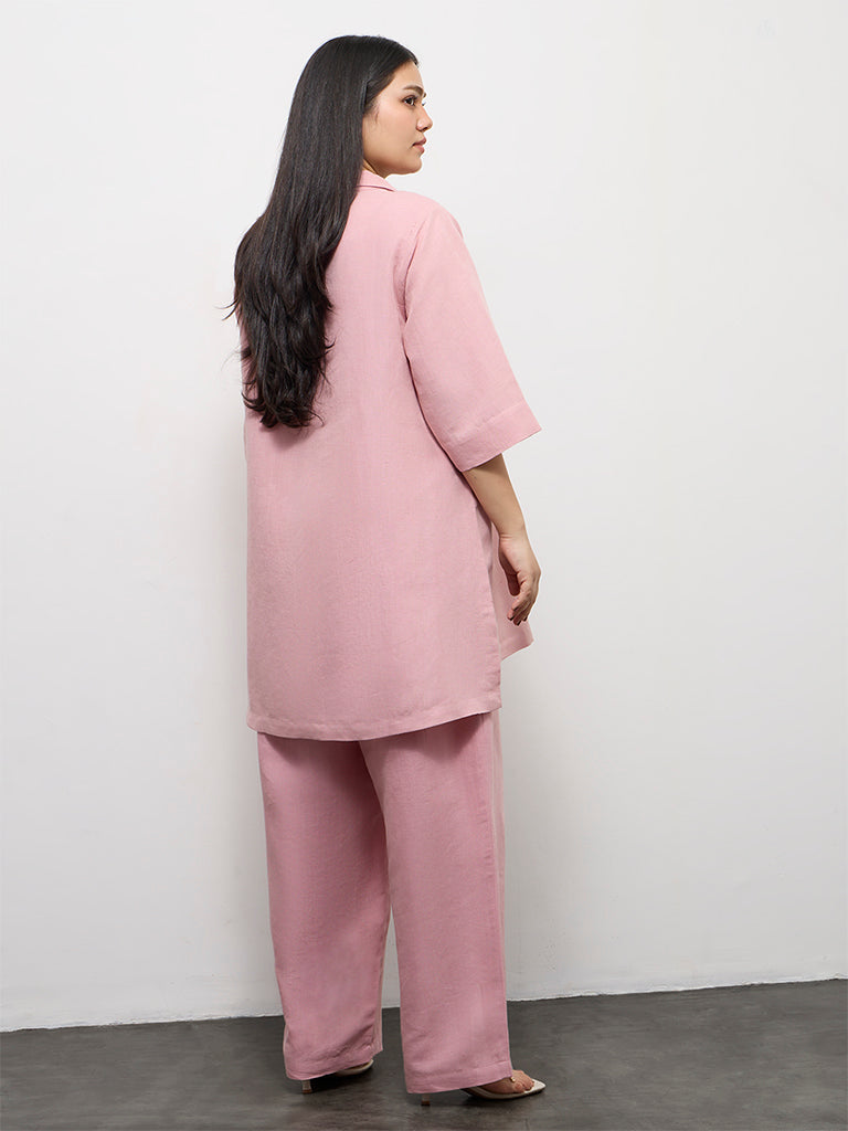 Diza Pink Floral Embroidered High-Low Linen-Blend Tunic