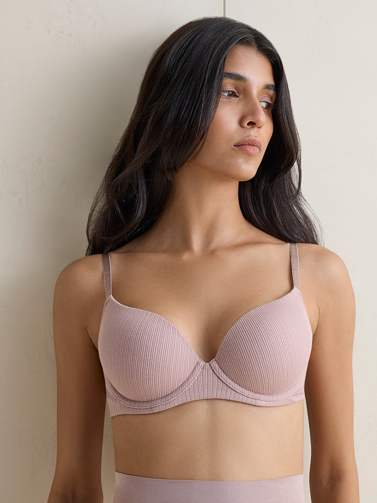 Wunderlove Beige Ribbed Underwired Bra