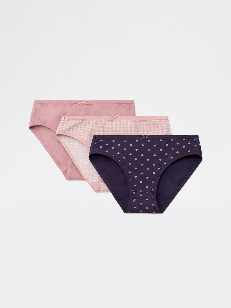 Wunderlove Mauve Checkered Printed Cotton-Blend Hi-Leg Briefs - Pack of 3