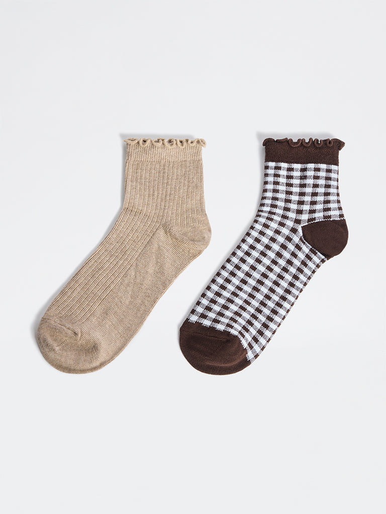 Superstar Brown Gingham Check Cotton-Blend Socks - Pack of 2