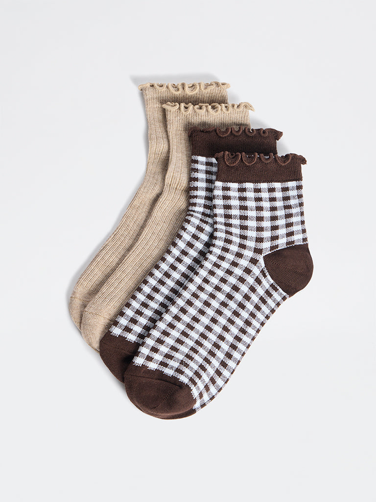 Superstar Brown Gingham Check Cotton-Blend Socks - Pack of 2