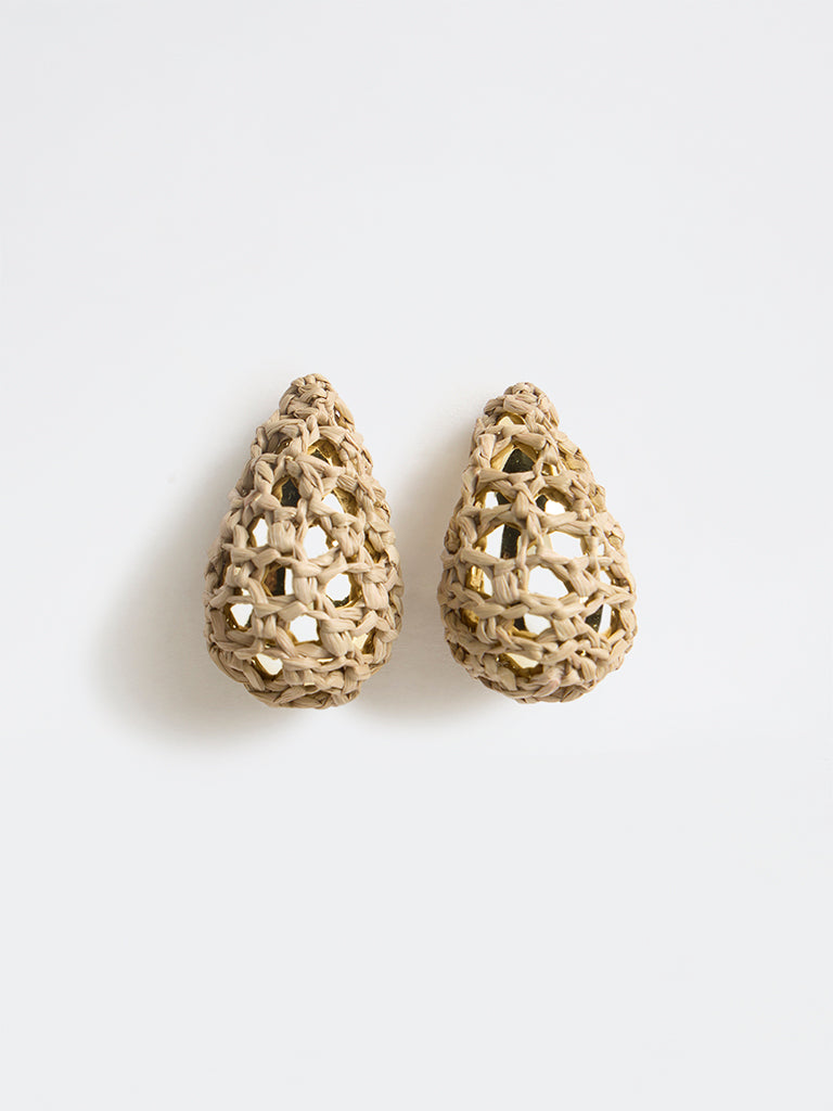 Westside Accessories Beige Teardrop Raffia Earrings