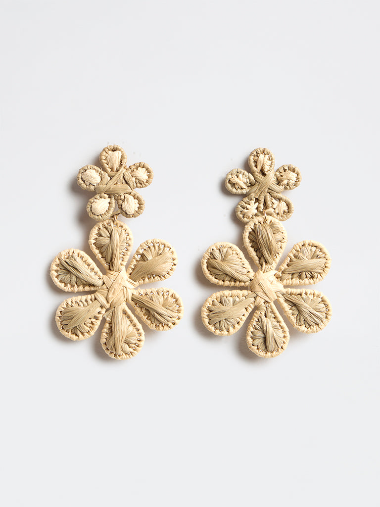 Westside Accessories Beige Floral Raffia Statement Earrings