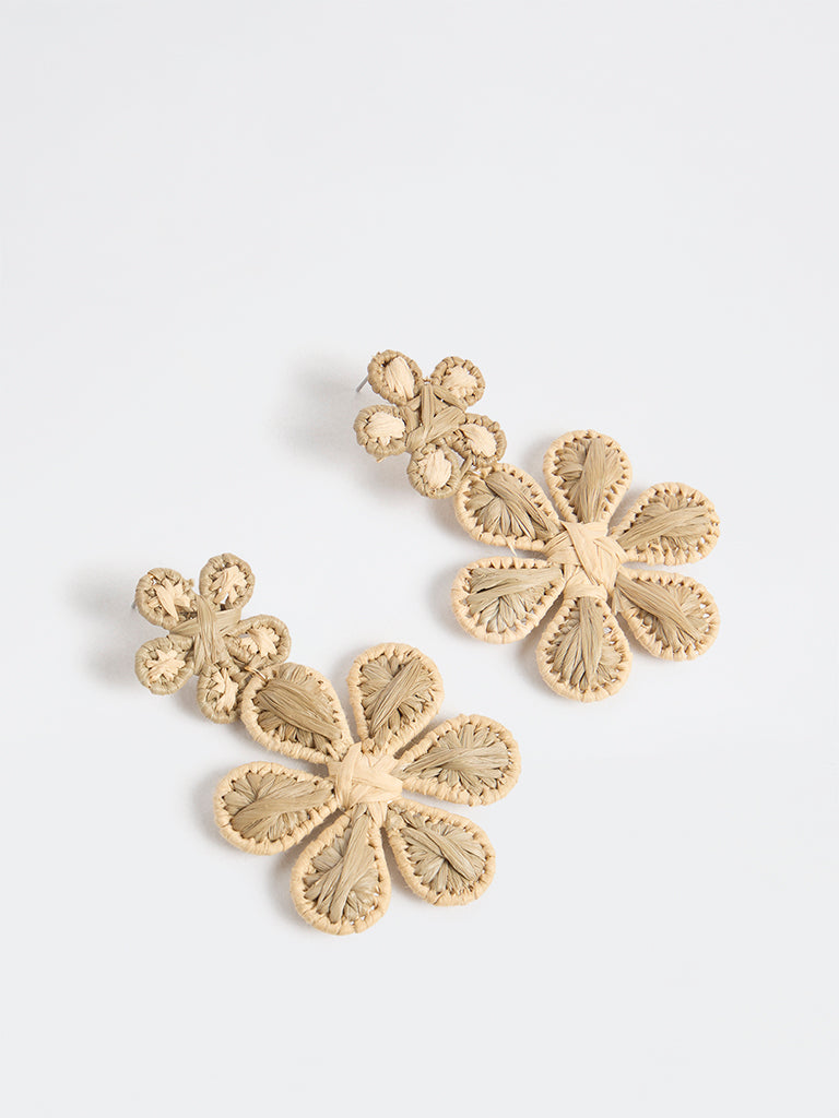 Westside Accessories Beige Floral Raffia Statement Earrings