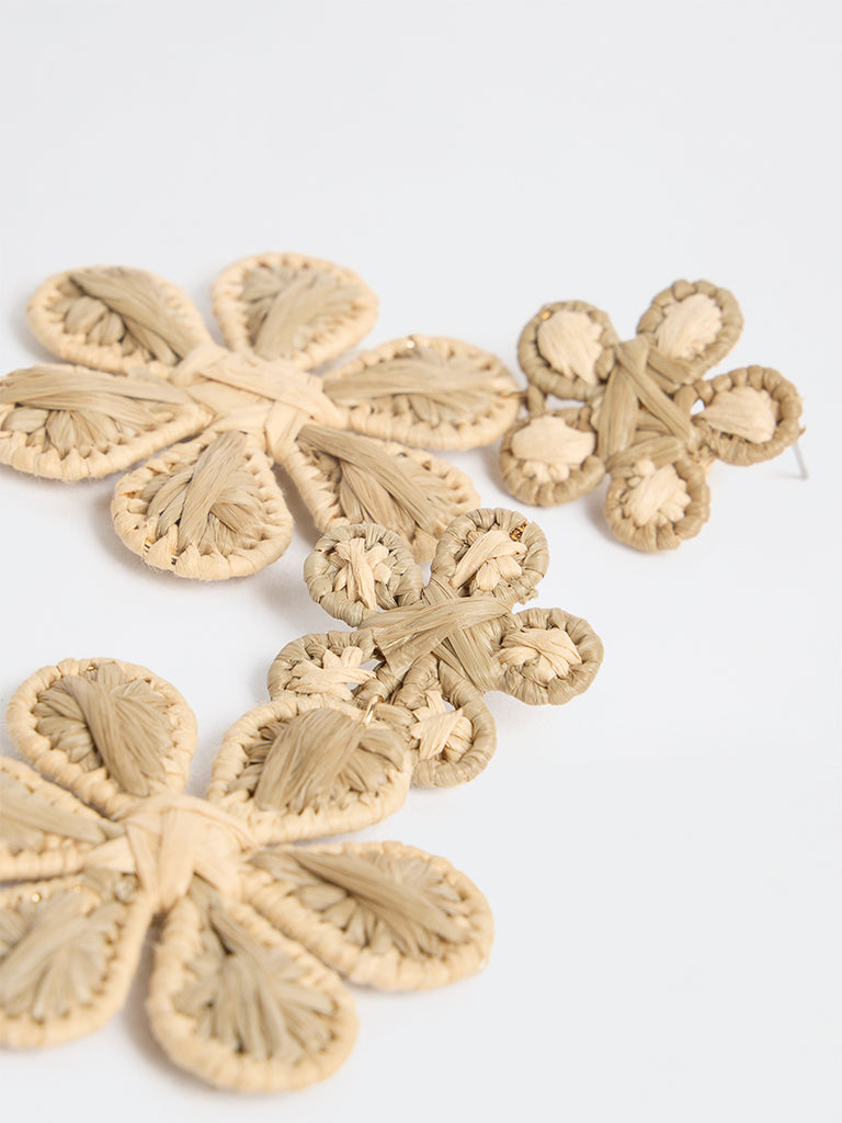Westside Accessories Beige Floral Raffia Statement Earrings