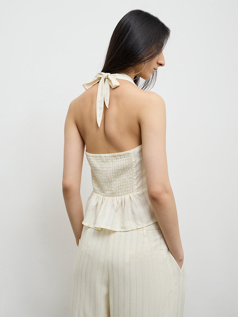 Nuon Light Yellow Striped Halter-Neck Linen Top