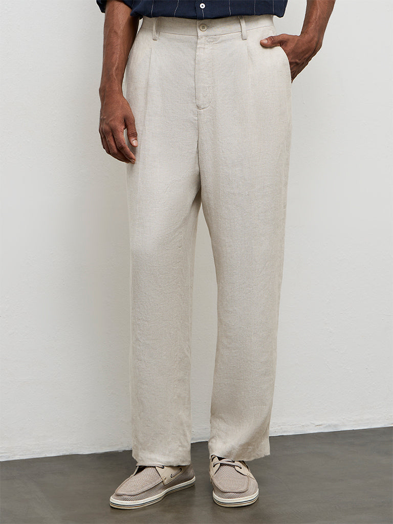 Ascot Beige Mid-Rise Relaxed-Fit Trousers