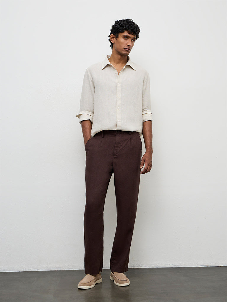 Ascot Dark Brown Mid-Rise Relaxed-Fit Linen Trousers