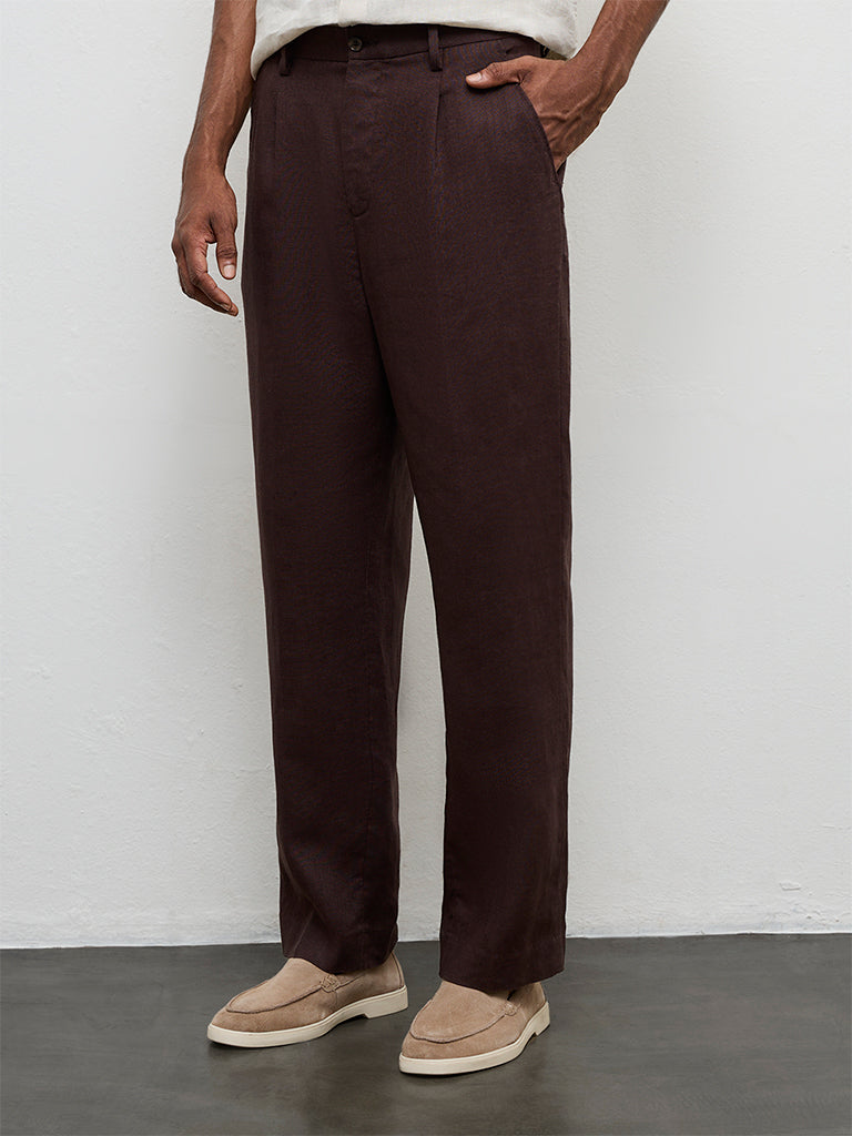 Ascot Dark Brown Mid-Rise Relaxed-Fit Linen Trousers