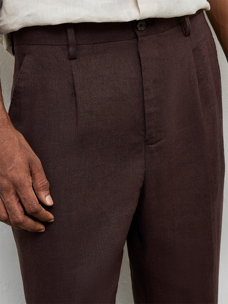 Ascot Dark Brown Mid-Rise Relaxed-Fit Linen Trousers