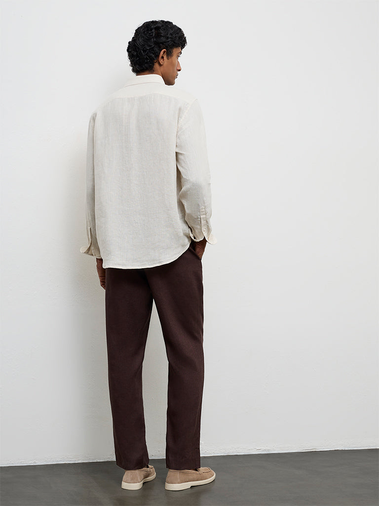 Ascot Dark Brown Mid-Rise Relaxed-Fit Linen Trousers