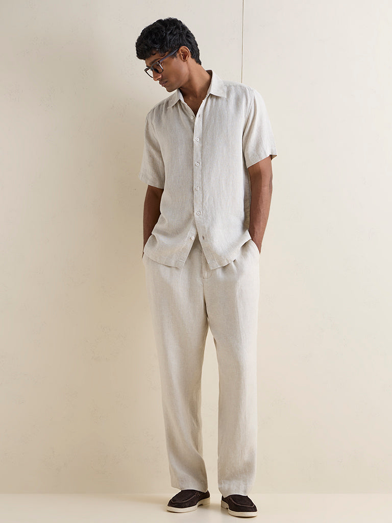 Ascot Beige Solid Relaxed-Fit Linen Shirt
