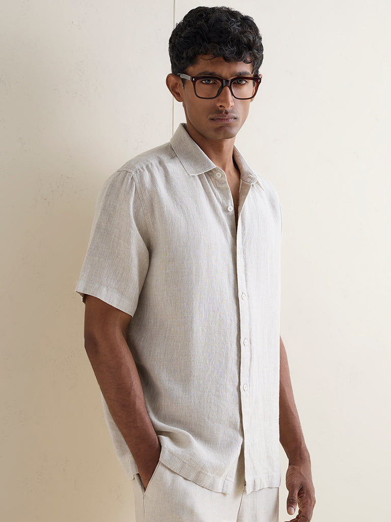 Ascot Beige Solid Relaxed-Fit Linen Shirt
