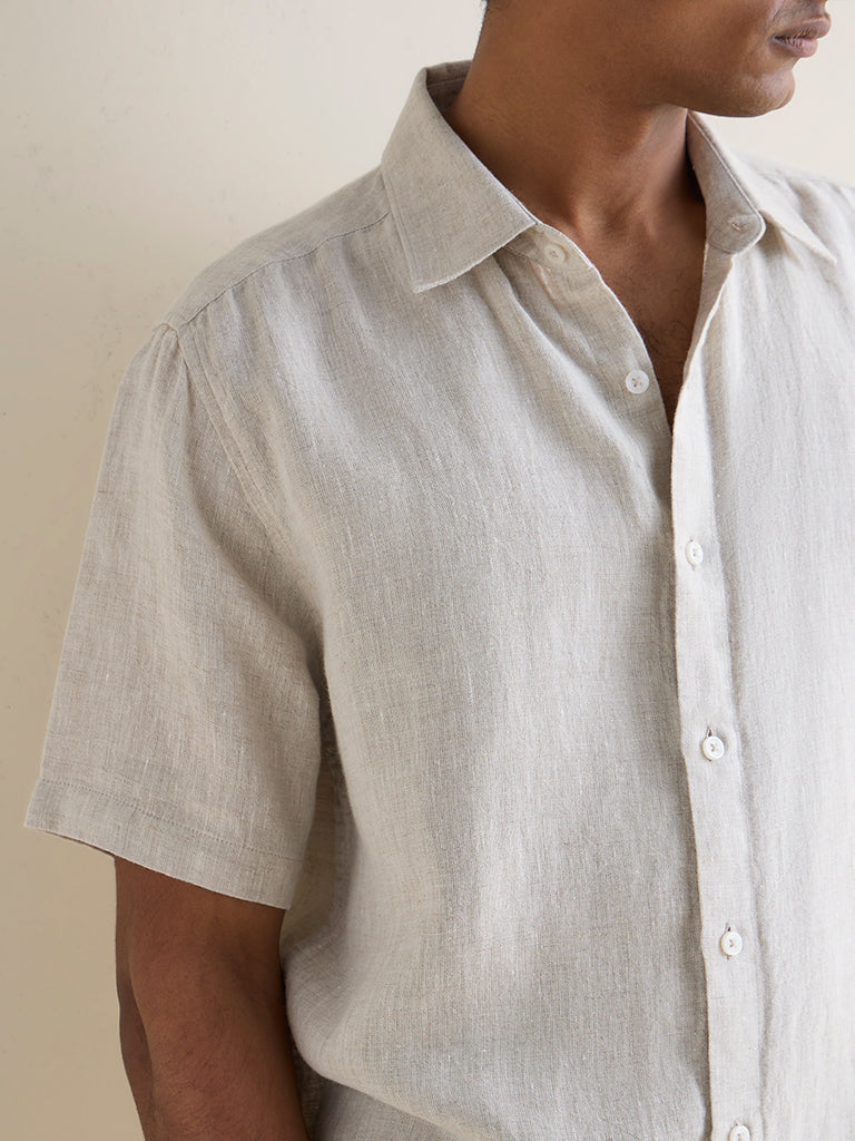 Ascot Beige Solid Relaxed-Fit Linen Shirt