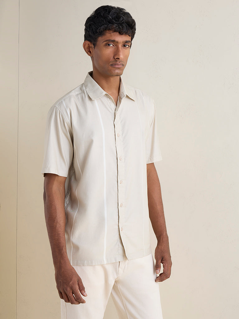 Ascot Beige Striped Relaxed-Fit Cotton-Blend Shirt