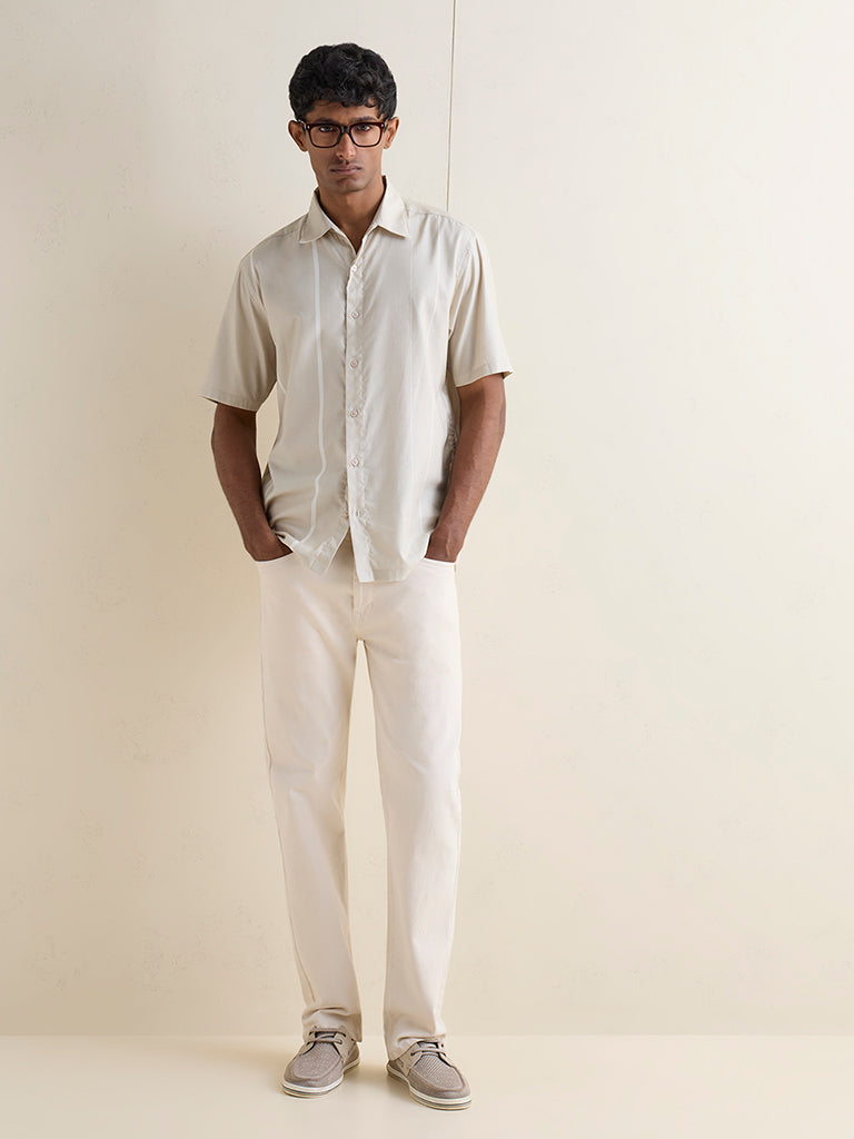 Ascot Beige Striped Relaxed-Fit Cotton-Blend Shirt