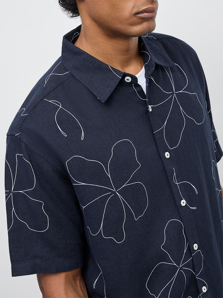 Ascot Navy Floral Printed Relaxed-Fit Shirt