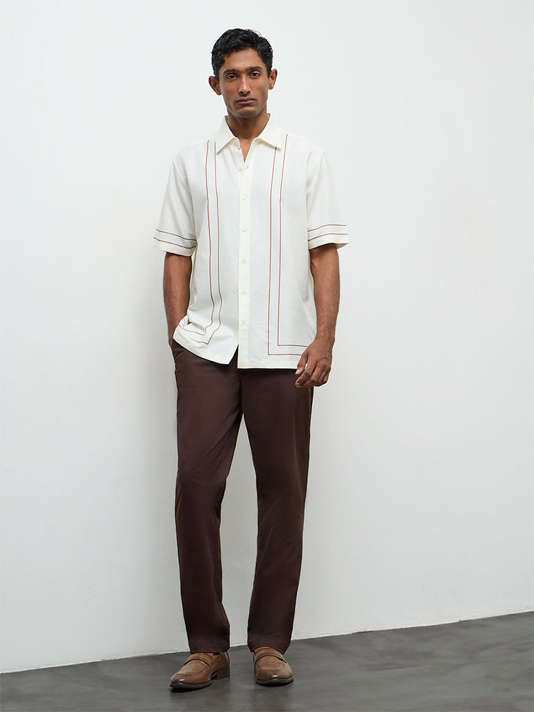 Ascot Off-White Geometric Printed Relaxed-Fit Cotton-Blend Shirt