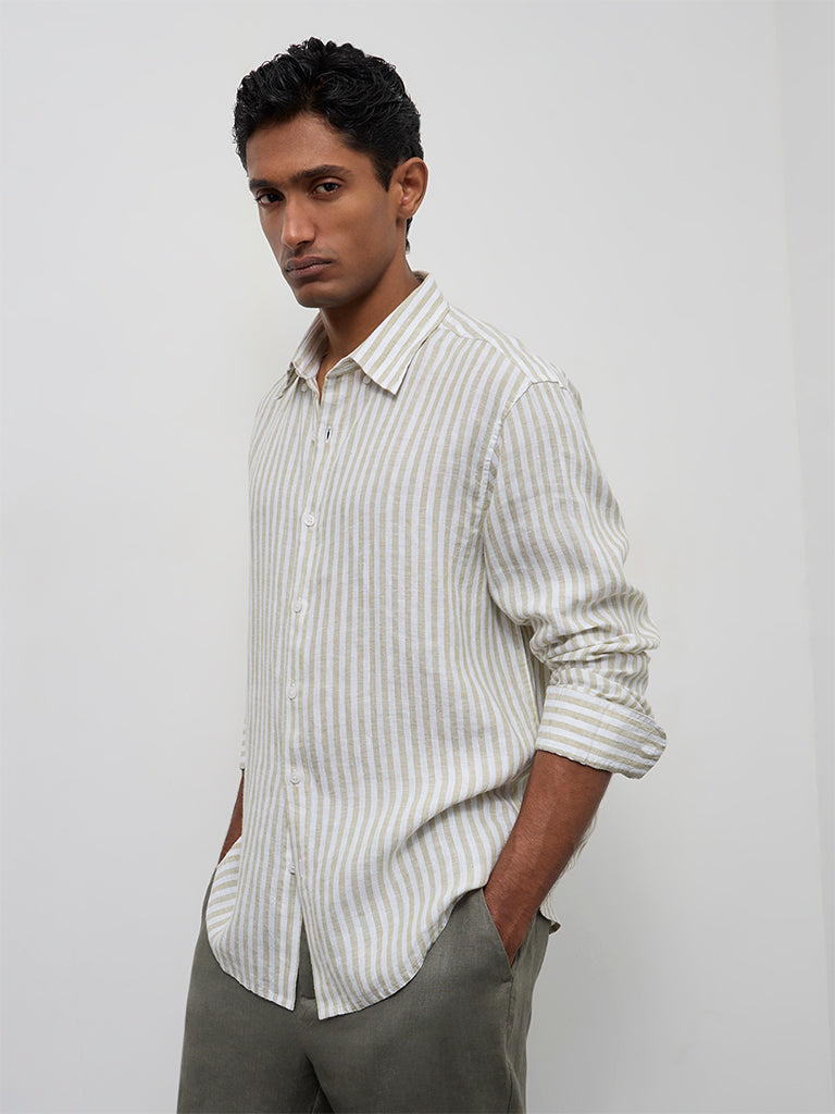 Ascot Light Olive Stripe Relaxed-Fit Linen Shirt